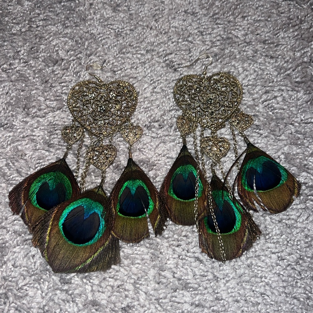 Elegant Gold and Green Vintage Peacock Feather Earrings
